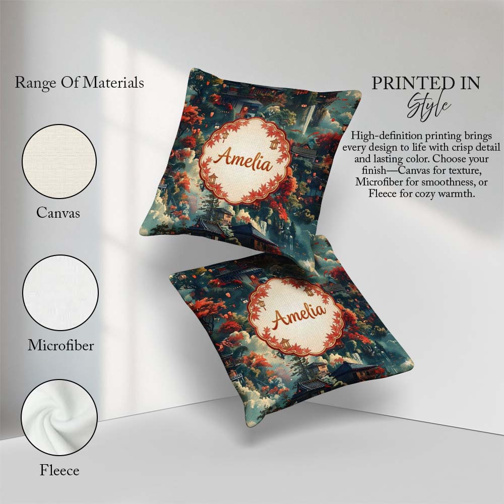 Custom Name Japanese Autumn Village Landscape with Moon Lanterns Square Filled Cushion Throw Pillow Sofa Bed Home Decor Zip Washable UK Made