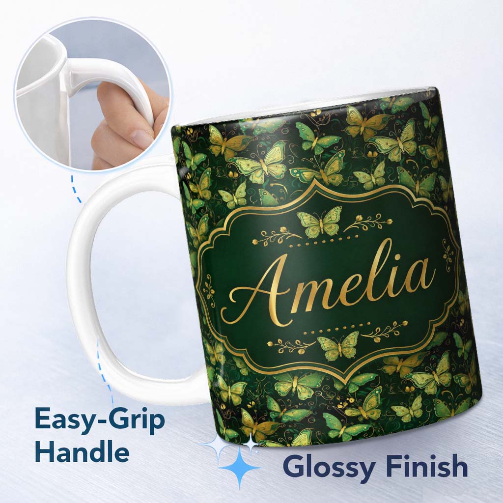 Personalized Custom Name Green and Gold Butterfly Ornamental Luxury Seamless Pattern Lovely 11oz Ceramic Coffee Tea Mug White Large Handle