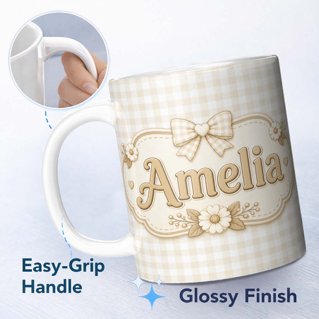 Personalized Custom Name Beige Gingham Check Seamless Pattern on White Background Lovely 11oz Ceramic Coffee Tea Mug White Large Handle