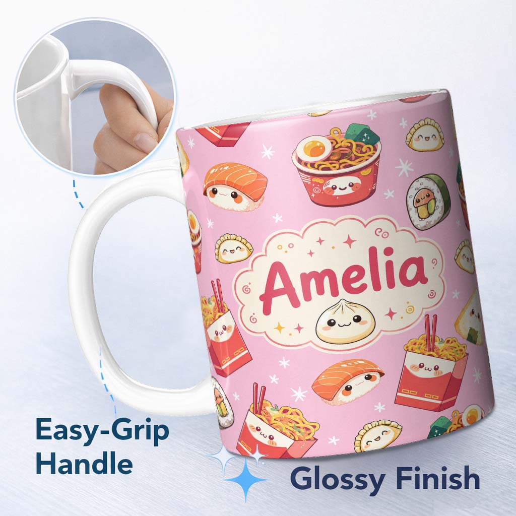 Personalized Custom Name Cute Kawaii Sushi Ramen Dumpling Food Blush Pink Background 11oz Ceramic Coffee Tea Mug White Large Handle