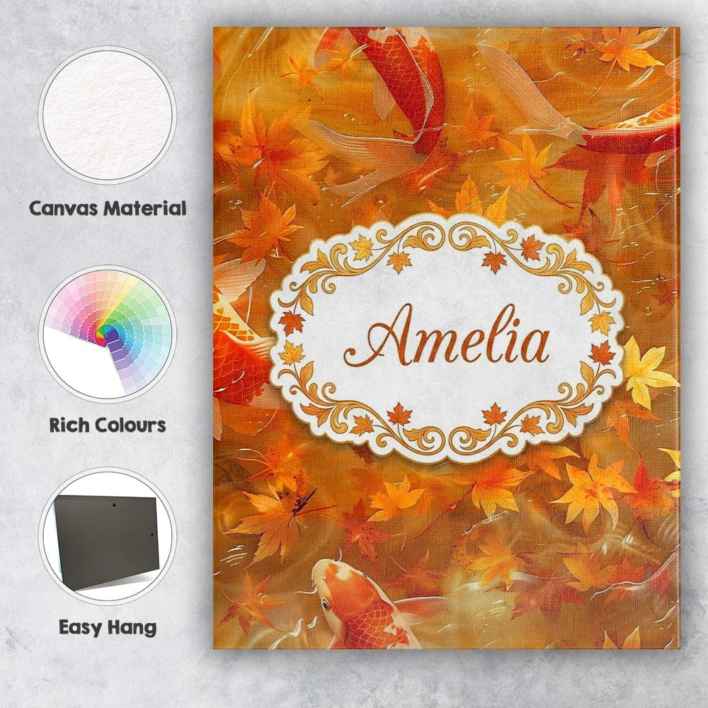 Personalised Name Autumn Koi Fish with Custom Modern Room Accent Elegant Feature Canvas Wall Art Print Decor Picture Ready to Hang
