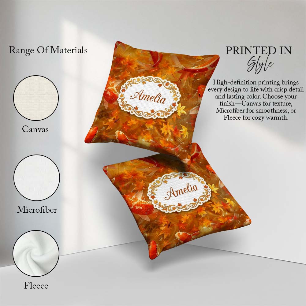 Custom Name Autumn Koi Fish with Golden Maple Pattern Watercolor Square Filled Cushion Throw Pillow Sofa Bed Home Decor Zip Washable UK Made