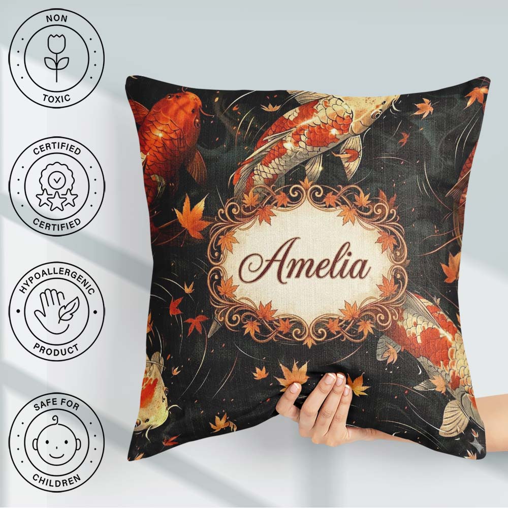 Custom Name Elegant Koi Fish Swimming on Dark Water with Falling Square Filled Cushion Throw Pillow Sofa Bed Home Decor Zip Washable UK Made