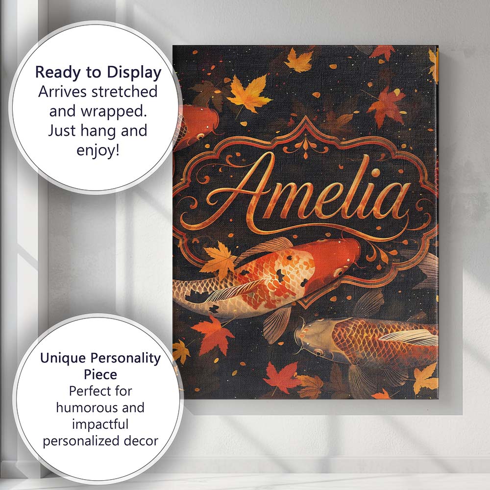 Personalised Name Dark Autumn Pond Koi Fish Custom Bespoke Interior Contemporary Canvas Wall Art Print Decor Picture Ready to Hang