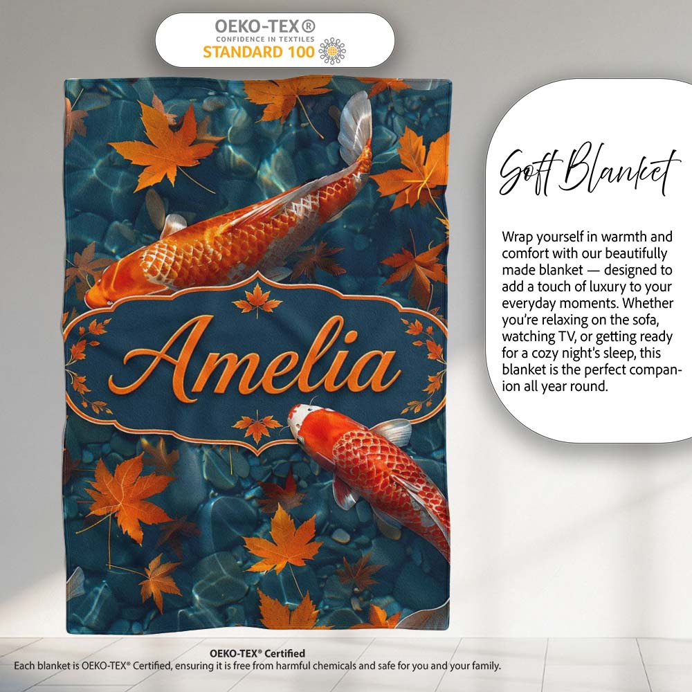 Koi Fish in Clear Blue Water with Autumn Leaves Pattern Nature Personalised Custom Name Super Soft Fleece Blanket Bed Sofa Throw