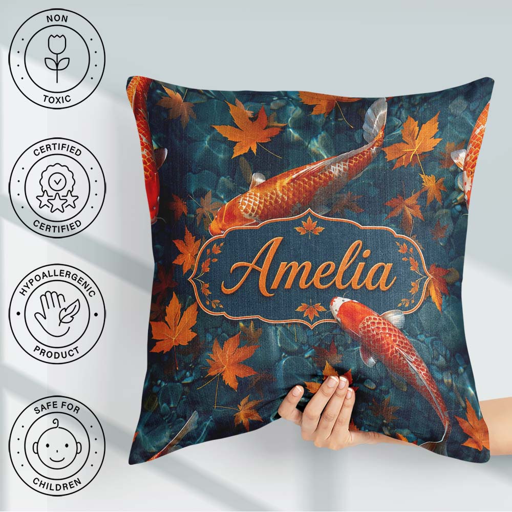 Custom Name Koi Fish Clear Blue Water with Autumn Leaves Pattern Square Filled Cushion Throw Pillow Sofa Bed Home Decor Zip Washable UK Made