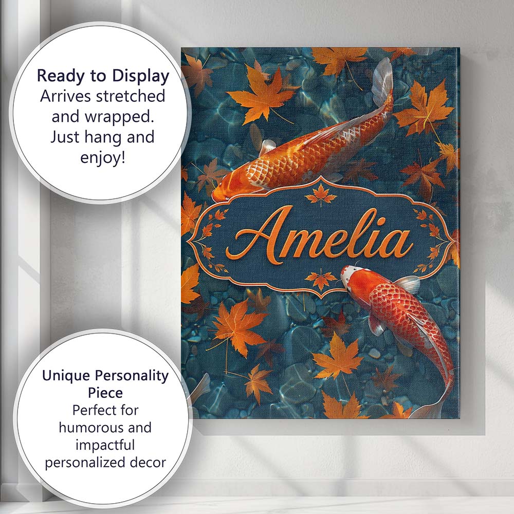 Personalised Name Koi Fish in Clear Blue Custom Unique Gift Idea Elegant Feature Canvas Wall Art Print Decor Picture Ready to Hang