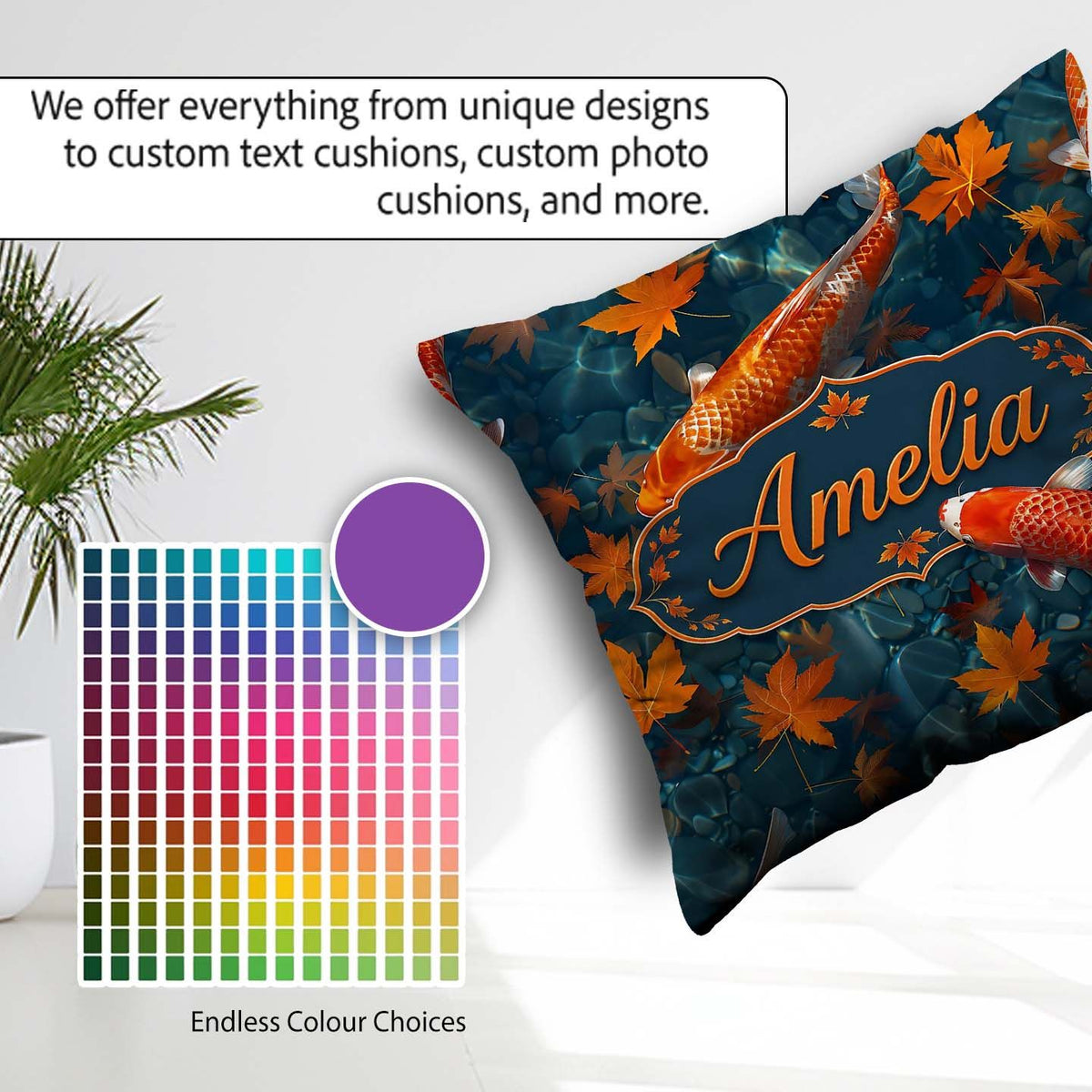 Custom Name Koi Fish Clear Blue Water with Autumn Leaves Pattern Square Filled Cushion Throw Pillow Sofa Bed Home Decor Zip Washable UK Made