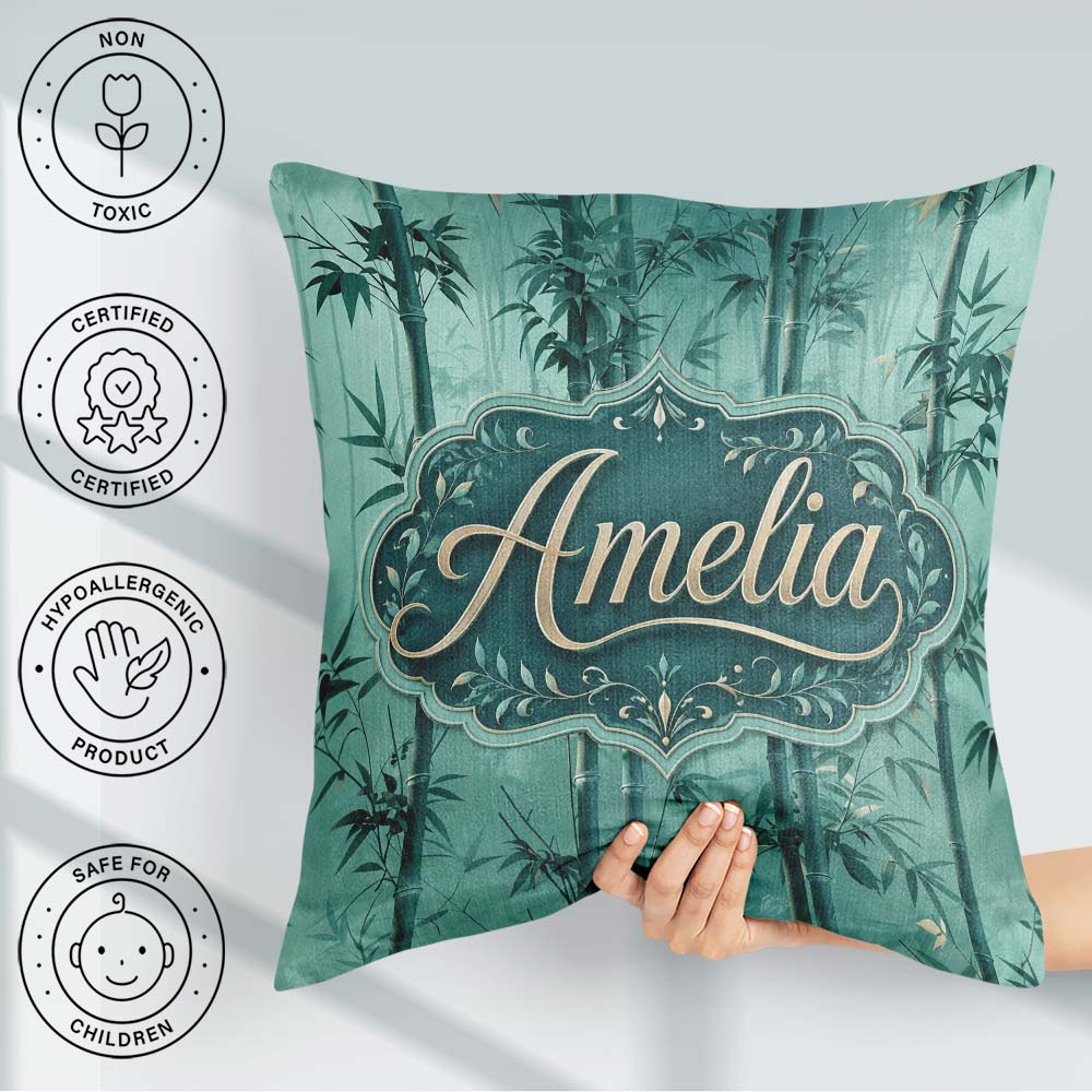 Custom Name Elegant Bamboo Stalks and Leaves Pattern Calm Green Square Filled Cushion Throw Pillow Sofa Bed Home Decor Zip Washable UK Made