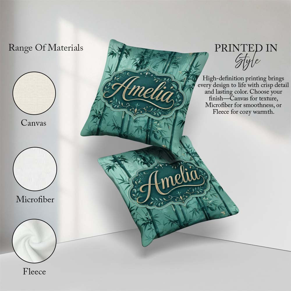 Custom Name Elegant Bamboo Stalks and Leaves Pattern Calm Green Square Filled Cushion Throw Pillow Sofa Bed Home Decor Zip Washable UK Made