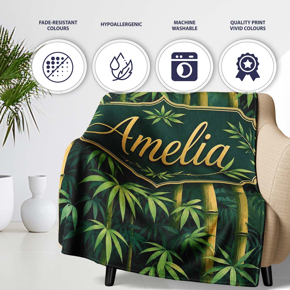 Dense Bamboo Jungle Leaves Seamless Pattern Lush Tropical Botanical Personalised Custom Name Super Soft Fleece Blanket Bed Sofa Throw
