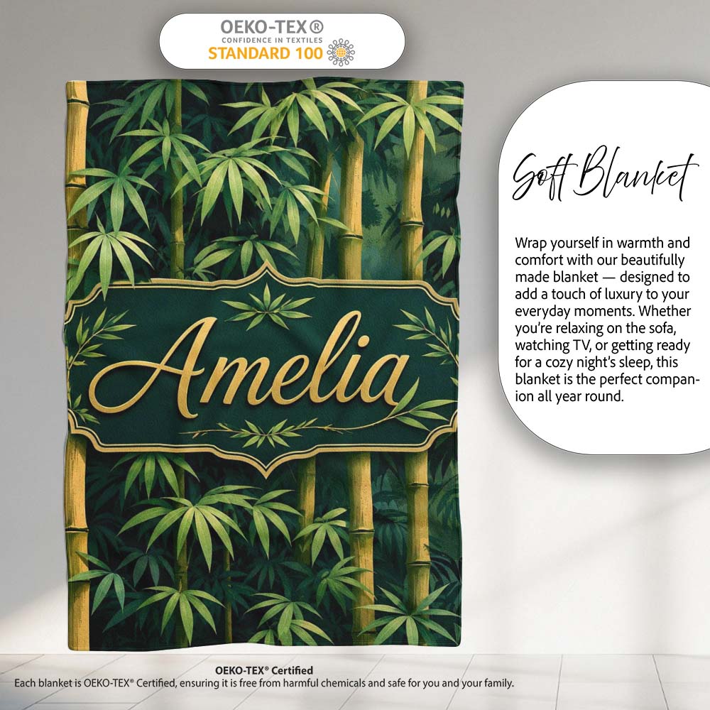Dense Bamboo Jungle Leaves Seamless Pattern Lush Tropical Botanical Personalised Custom Name Super Soft Fleece Blanket Bed Sofa Throw