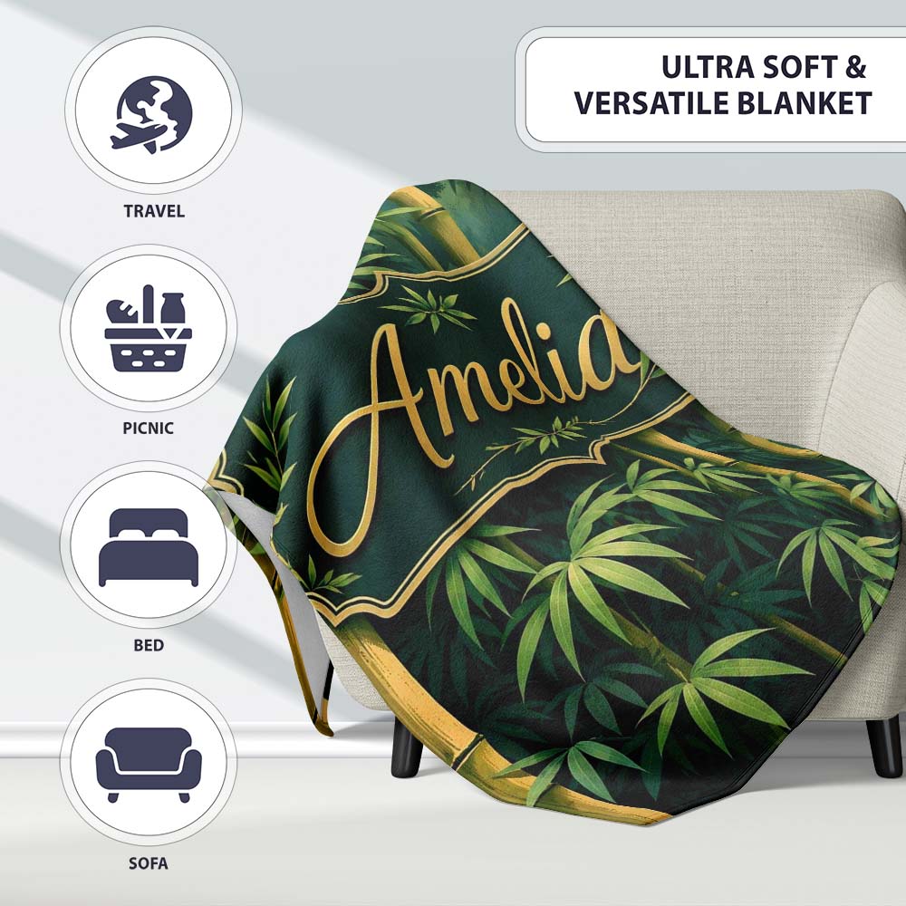 Dense Bamboo Jungle Leaves Seamless Pattern Lush Tropical Botanical Personalised Custom Name Super Soft Fleece Blanket Bed Sofa Throw