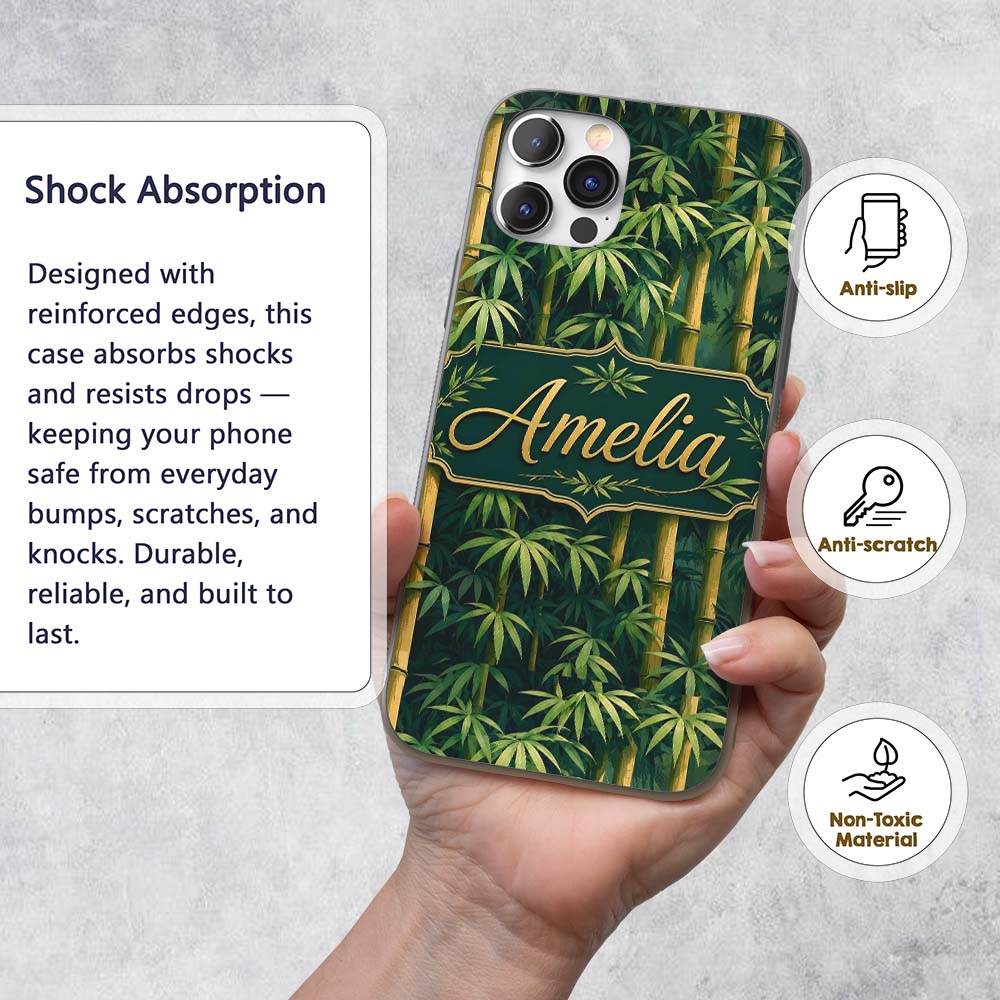 Dense Bamboo Jungle Leaves Seamless Pattern Lush Custom Name Protective Phone Case Mobile Cover Durable Everyday Smartphone Shock Resistant