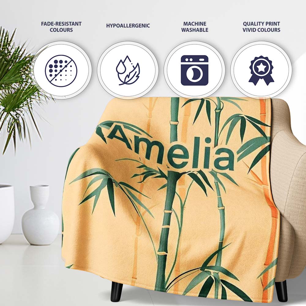 Elegant Bamboo Stalks on Warm Beige Background Asian Botanical Personalised Custom Name Super Soft Fleece Blanket Bed Sofa Throw