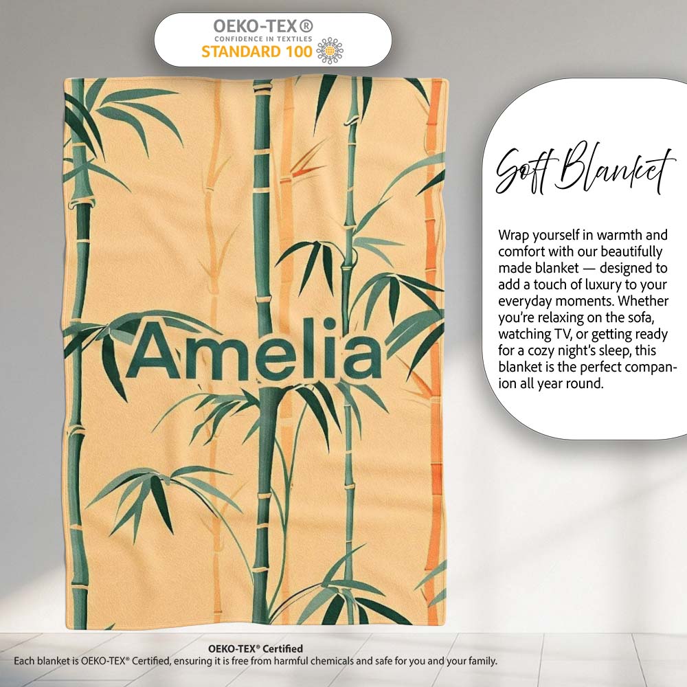 Elegant Bamboo Stalks on Warm Beige Background Asian Botanical Personalised Custom Name Super Soft Fleece Blanket Bed Sofa Throw