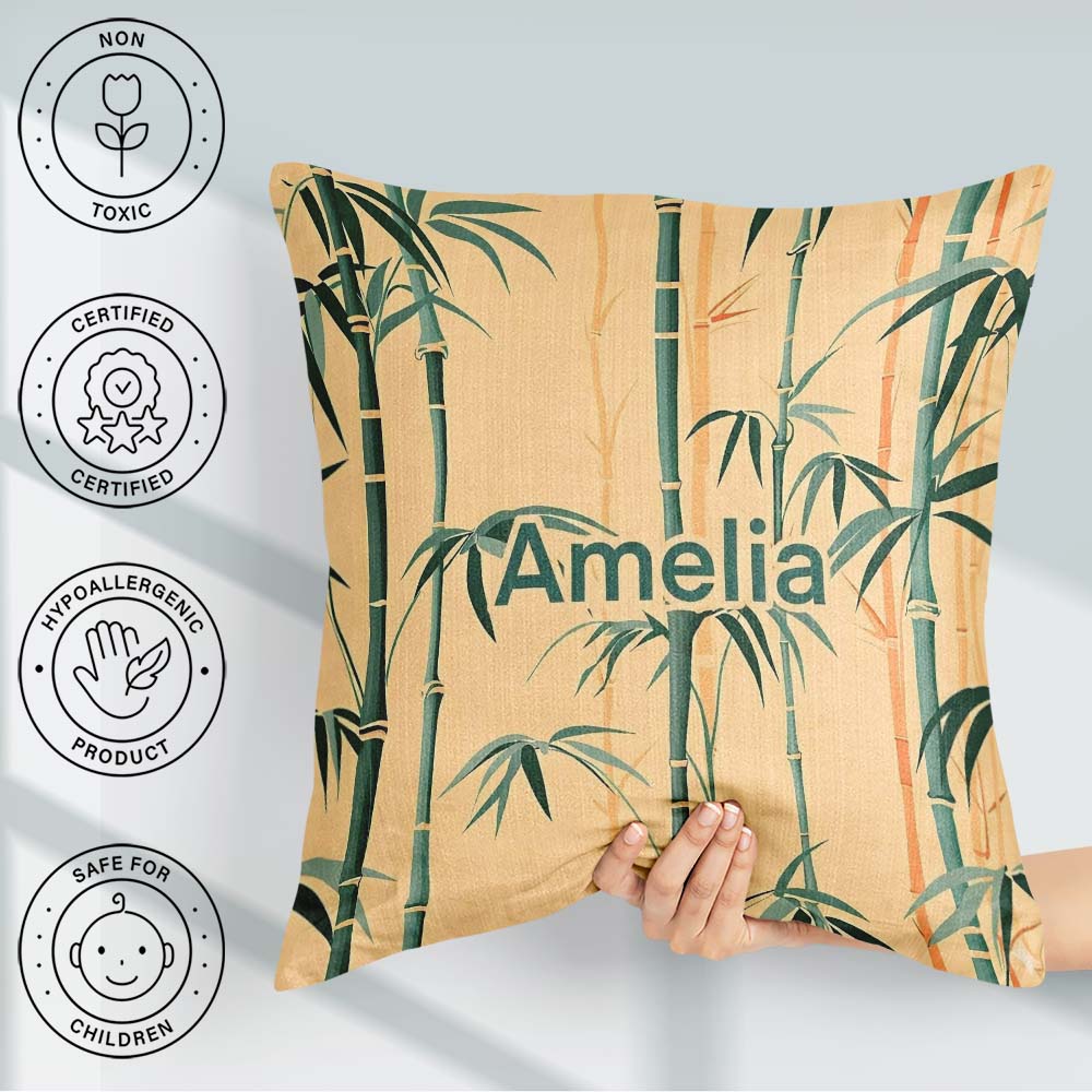 Custom Name Elegant Bamboo Stalks on Warm Beige Background Asian Square Filled Cushion Throw Pillow Sofa Bed Home Decor Zip Washable UK Made