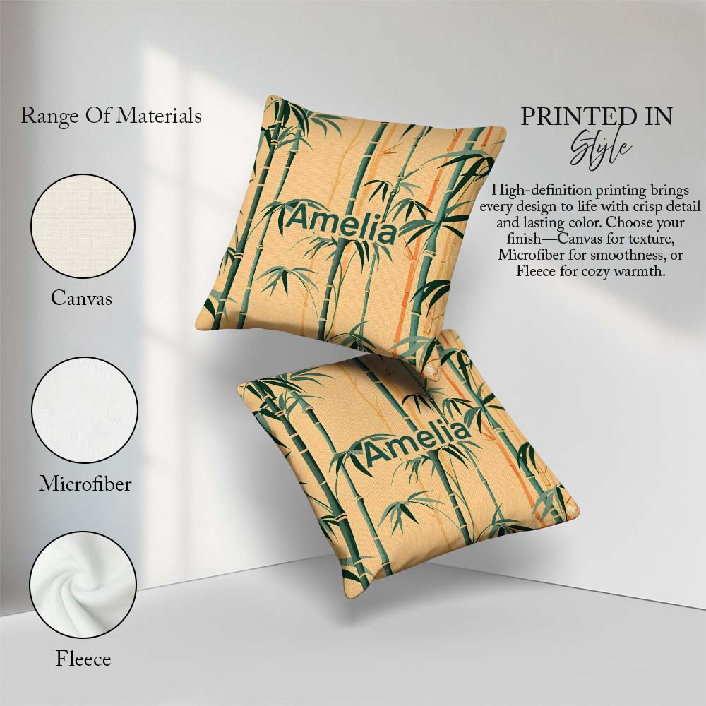 Custom Name Elegant Bamboo Stalks on Warm Beige Background Asian Square Filled Cushion Throw Pillow Sofa Bed Home Decor Zip Washable UK Made