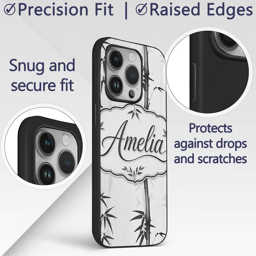 Minimalist Black Bamboo with Soft Mist Background Custom Name Protective Phone Case Mobile Cover Durable Everyday Smartphone Shock Resistant