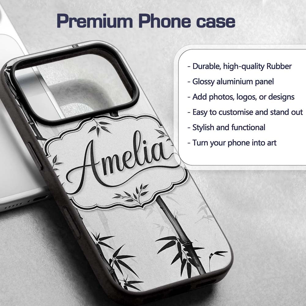 Minimalist Black Bamboo with Soft Mist Background Custom Name Protective Phone Case Mobile Cover Durable Everyday Smartphone Shock Resistant