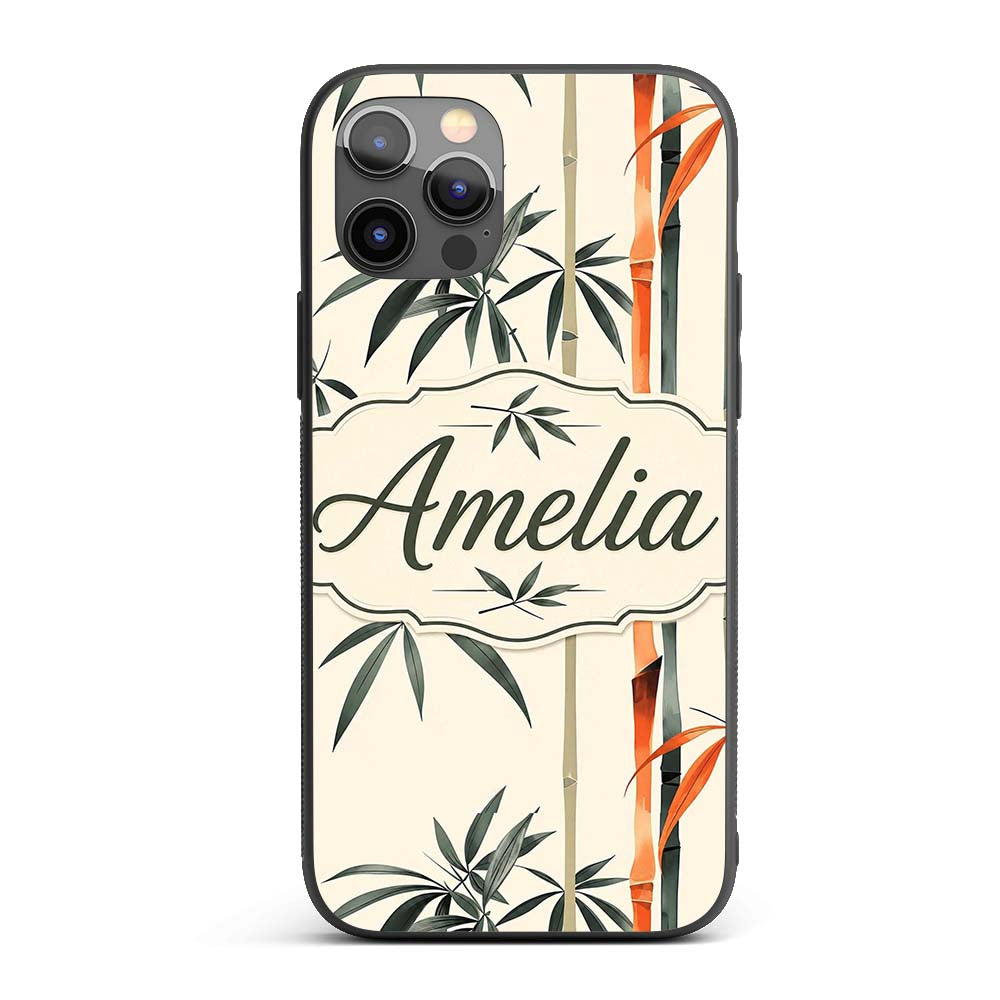 Artistic Bamboo Leaves and Stems Printed Design Custom Name Protective Phone Case Mobile Cover Durable Everyday Smartphone Shock Resistant