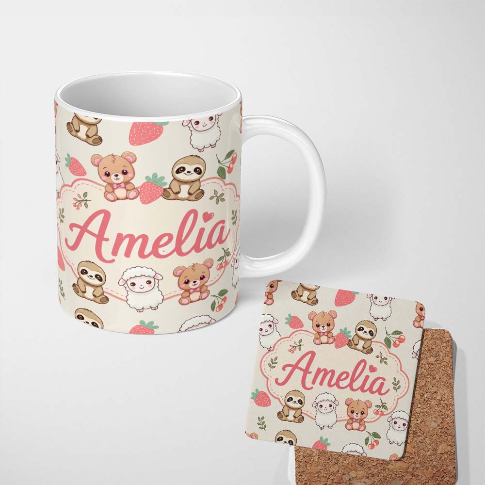 Personalized Custom Name Cute Cute Baby Animals Bear Sheep Sloth Strawberry Cherry Cream 11oz Ceramic Coffee Tea Mug White Large Handle