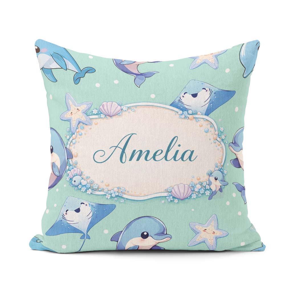 Custom Name Cute Dolphin Stingray Starfish Cartoon Sea Life Mint Square Filled Cushion Throw Pillow Sofa Bed Home Decor Zip Washable UK Made
