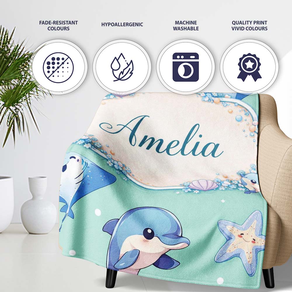 Cute Dolphin Stingray Starfish Cartoon Sea Life Pattern Mint Lovely Personalised Custom Name Super Soft Fleece Blanket Bed Sofa Throw