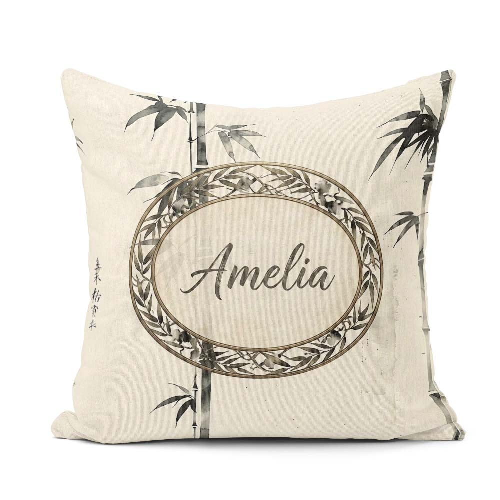 Custom Name Traditional Ink Bamboo Branch on Textured Background Square Filled Cushion Throw Pillow Sofa Bed Home Decor Zip Washable UK Made
