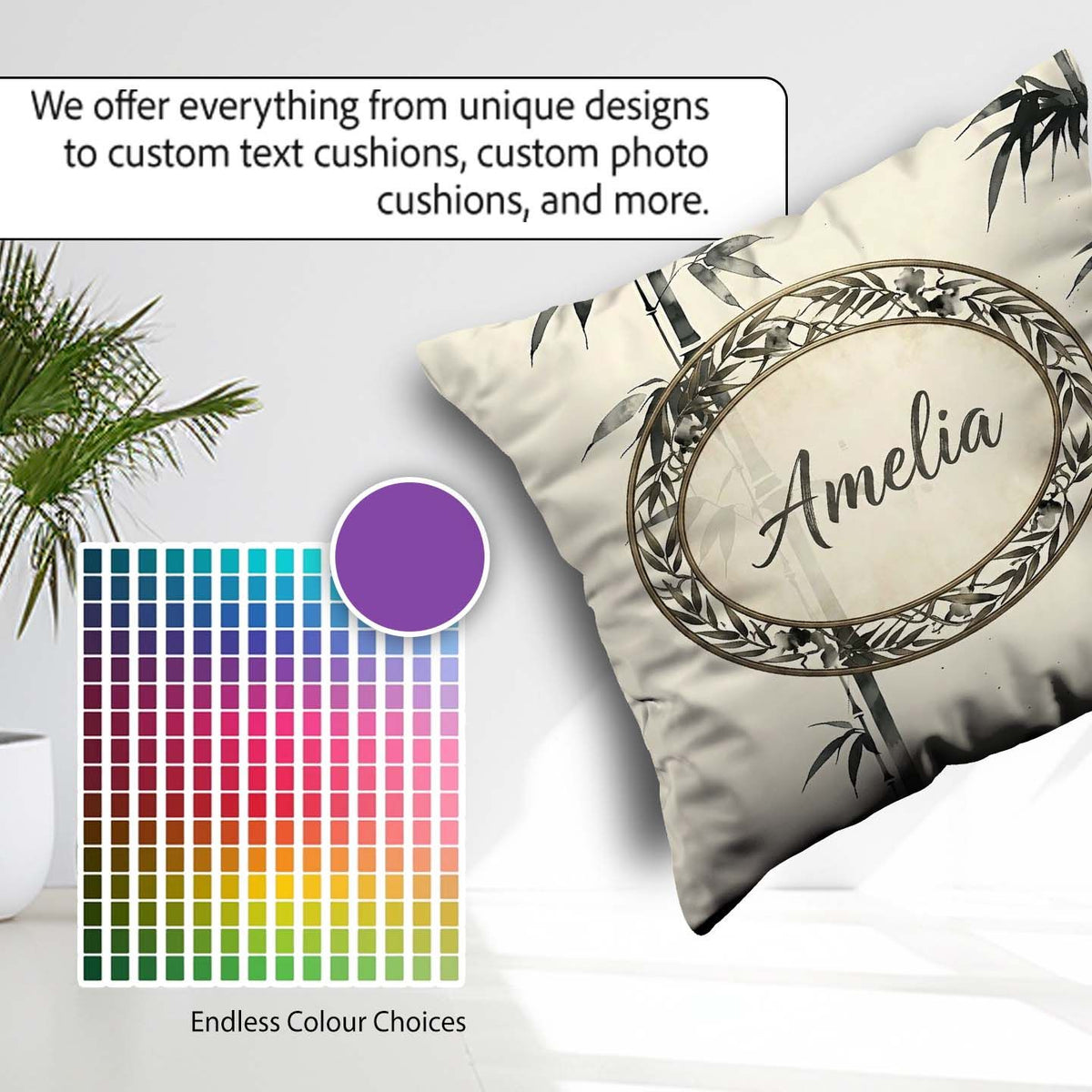 Custom Name Traditional Ink Bamboo Branch on Textured Background Square Filled Cushion Throw Pillow Sofa Bed Home Decor Zip Washable UK Made