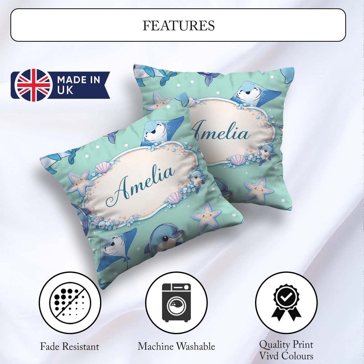 Custom Name Cute Dolphin Stingray Starfish Cartoon Sea Life Mint Square Filled Cushion Throw Pillow Sofa Bed Home Decor Zip Washable UK Made