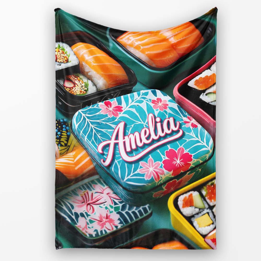 Colorful Sushi Bento Boxes with Salmon and Rolls Pattern Food Theme Personalised Custom Name Super Soft Fleece Blanket Bed Sofa Throw