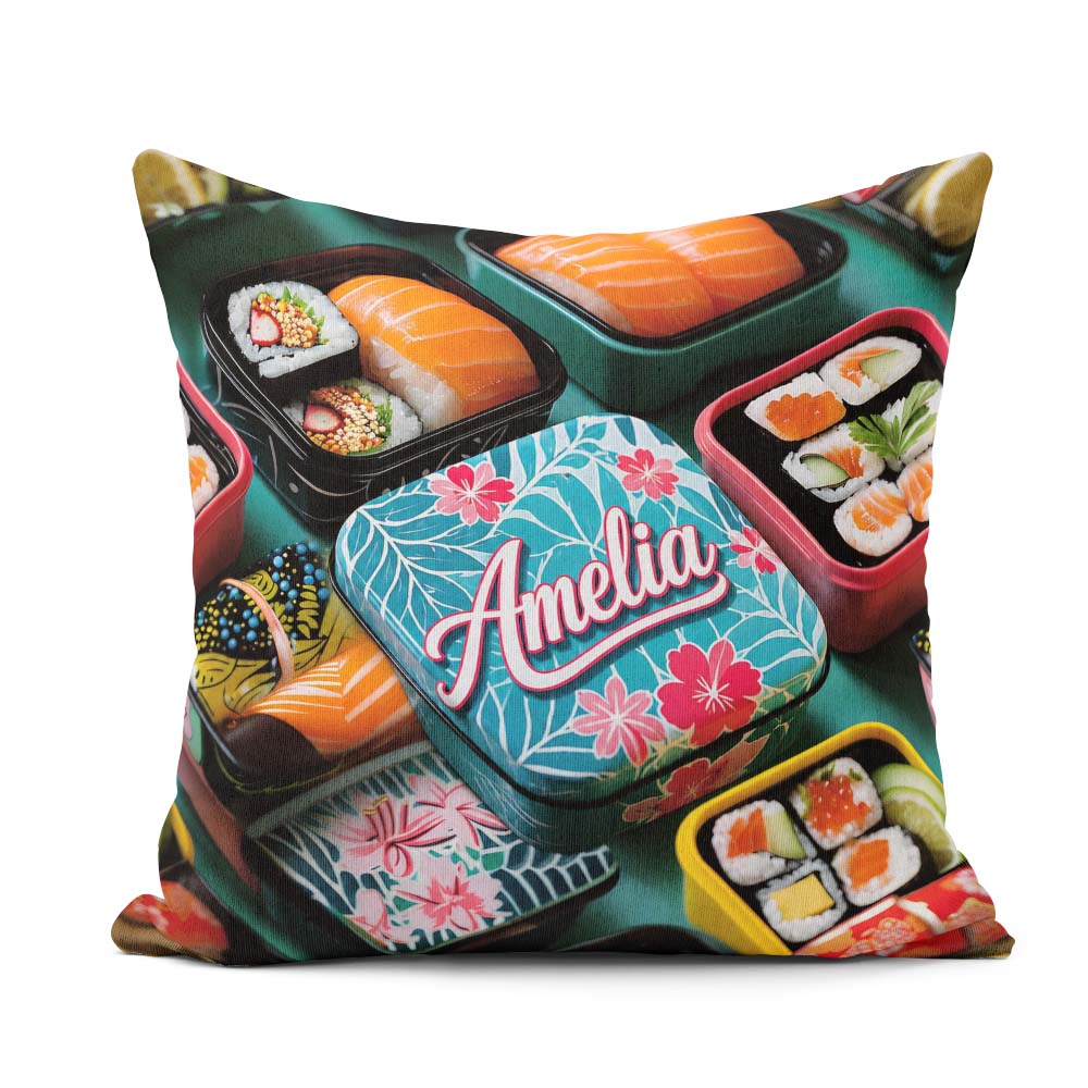 Custom Name Sushi Bento Boxes with Salmon and Rolls Pattern Food Square Filled Cushion Throw Pillow Sofa Bed Home Decor Zip Washable UK Made