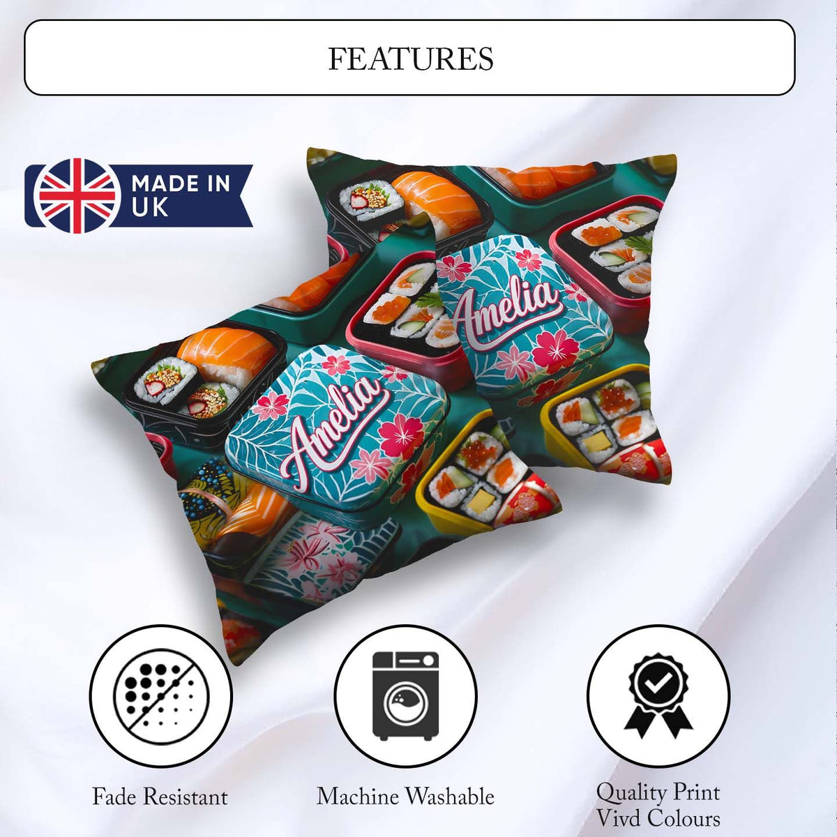 Custom Name Sushi Bento Boxes with Salmon and Rolls Pattern Food Square Filled Cushion Throw Pillow Sofa Bed Home Decor Zip Washable UK Made