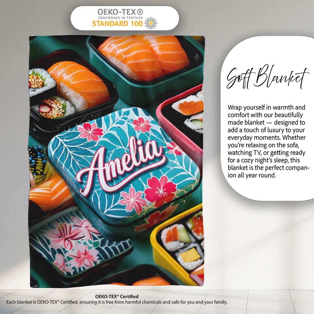 Colorful Sushi Bento Boxes with Salmon and Rolls Pattern Food Theme Personalised Custom Name Super Soft Fleece Blanket Bed Sofa Throw