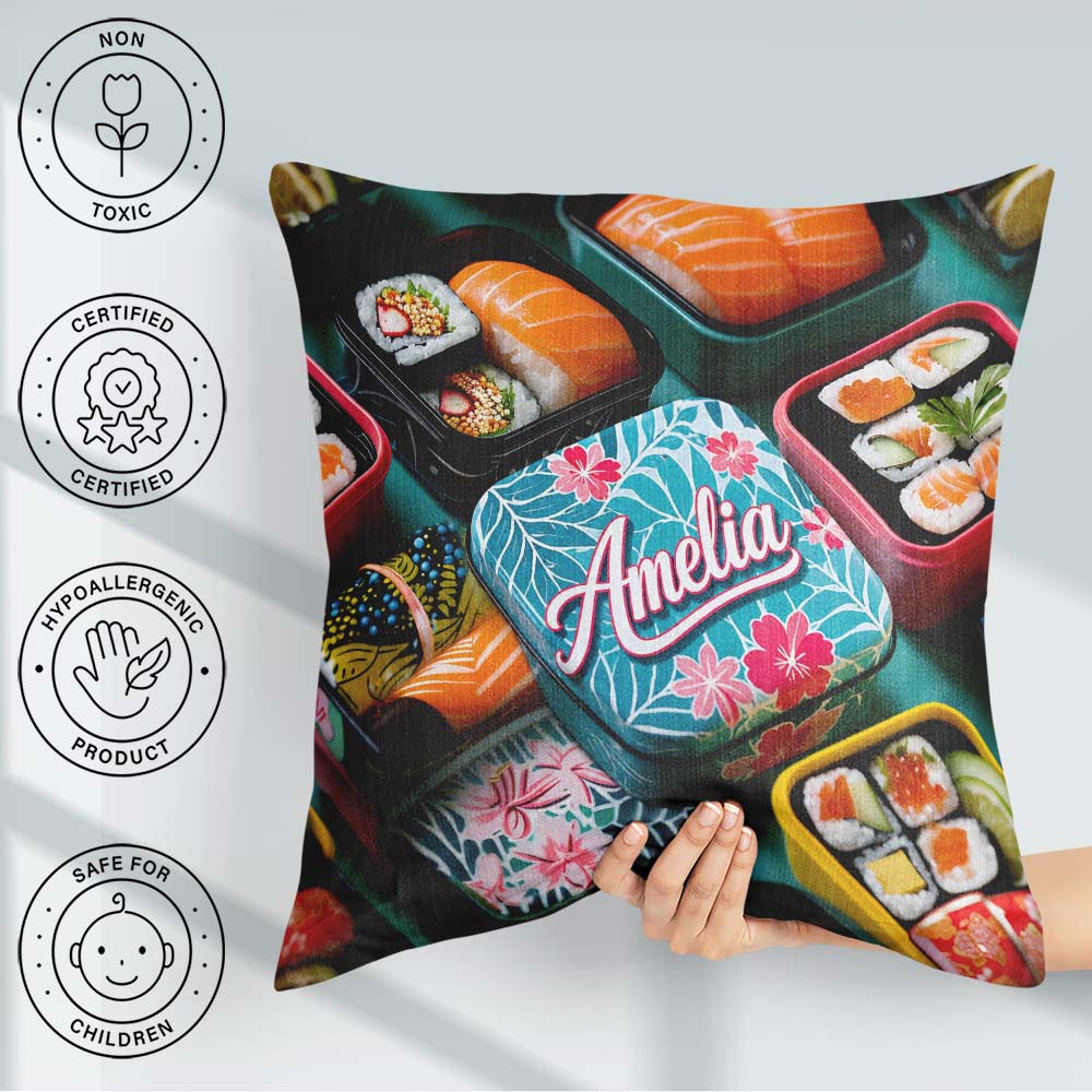 Custom Name Sushi Bento Boxes with Salmon and Rolls Pattern Food Square Filled Cushion Throw Pillow Sofa Bed Home Decor Zip Washable UK Made