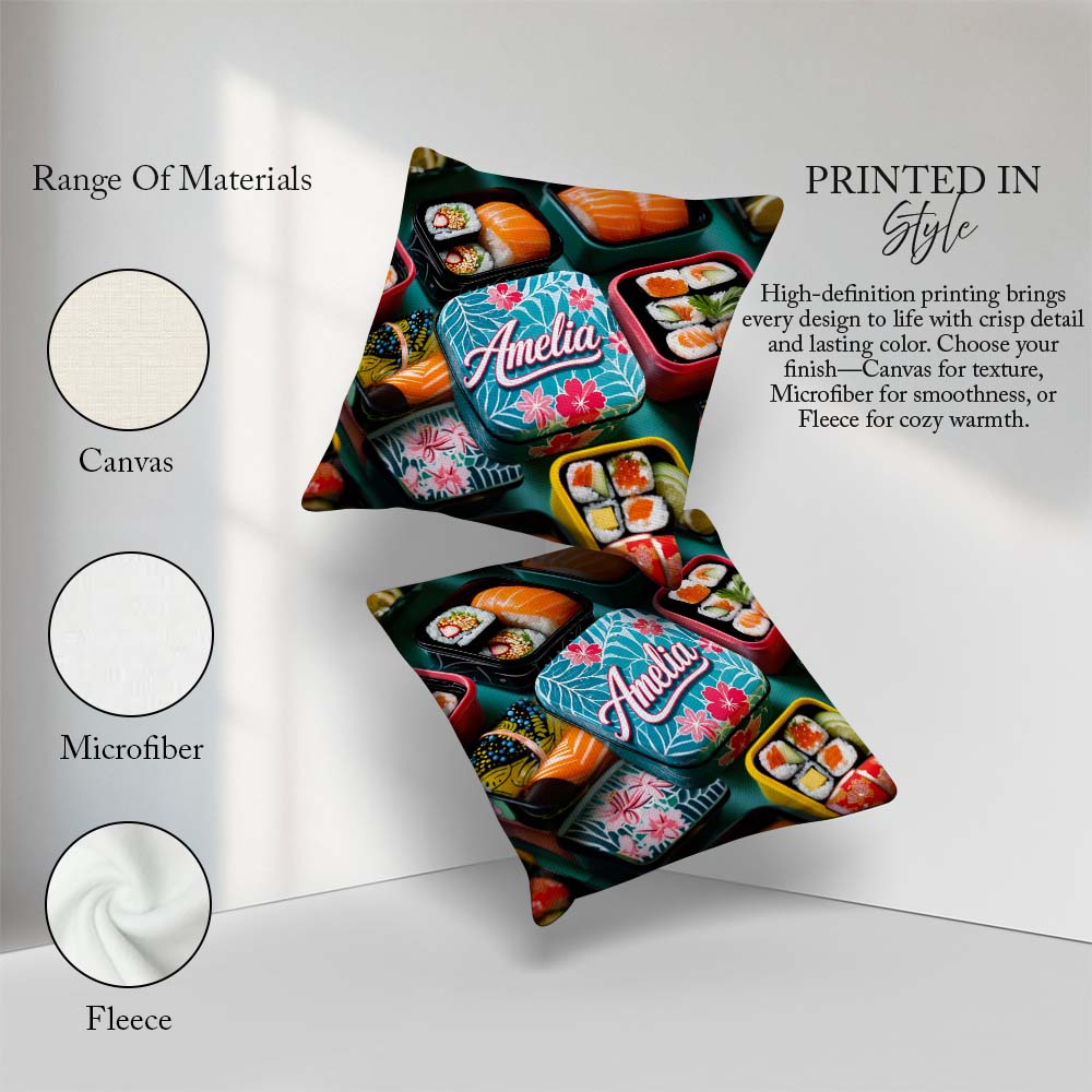 Custom Name Sushi Bento Boxes with Salmon and Rolls Pattern Food Square Filled Cushion Throw Pillow Sofa Bed Home Decor Zip Washable UK Made
