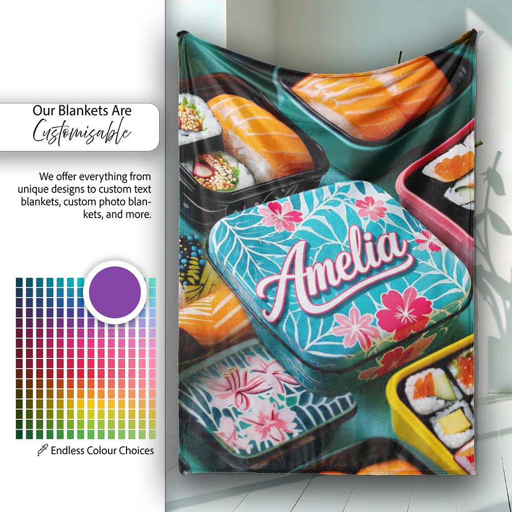 Colorful Sushi Bento Boxes with Salmon and Rolls Pattern Food Theme Personalised Custom Name Super Soft Fleece Blanket Bed Sofa Throw
