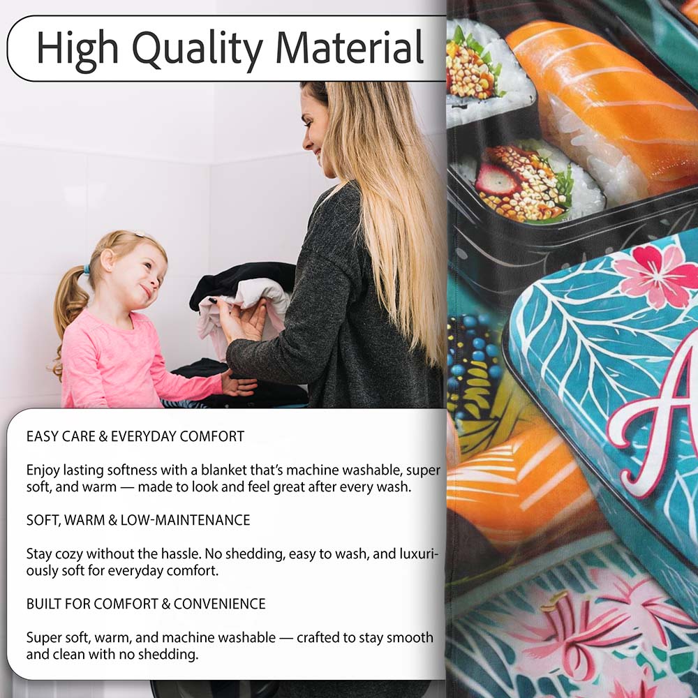 Colorful Sushi Bento Boxes with Salmon and Rolls Pattern Food Theme Personalised Custom Name Super Soft Fleece Blanket Bed Sofa Throw