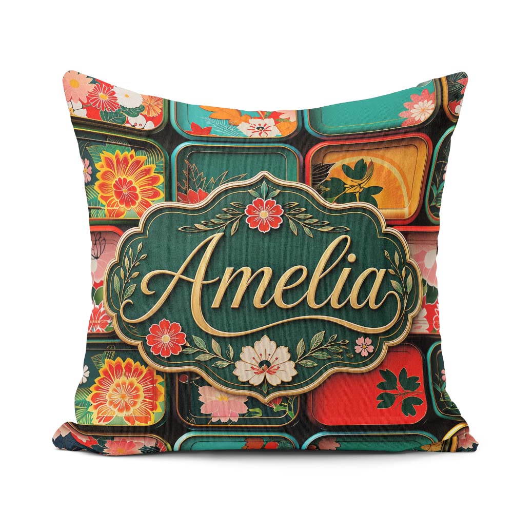 Custom Name Japanese Floral Bento Box Pattern Vibrant Decorative Square Filled Cushion Throw Pillow Sofa Bed Home Decor Zip Washable UK Made