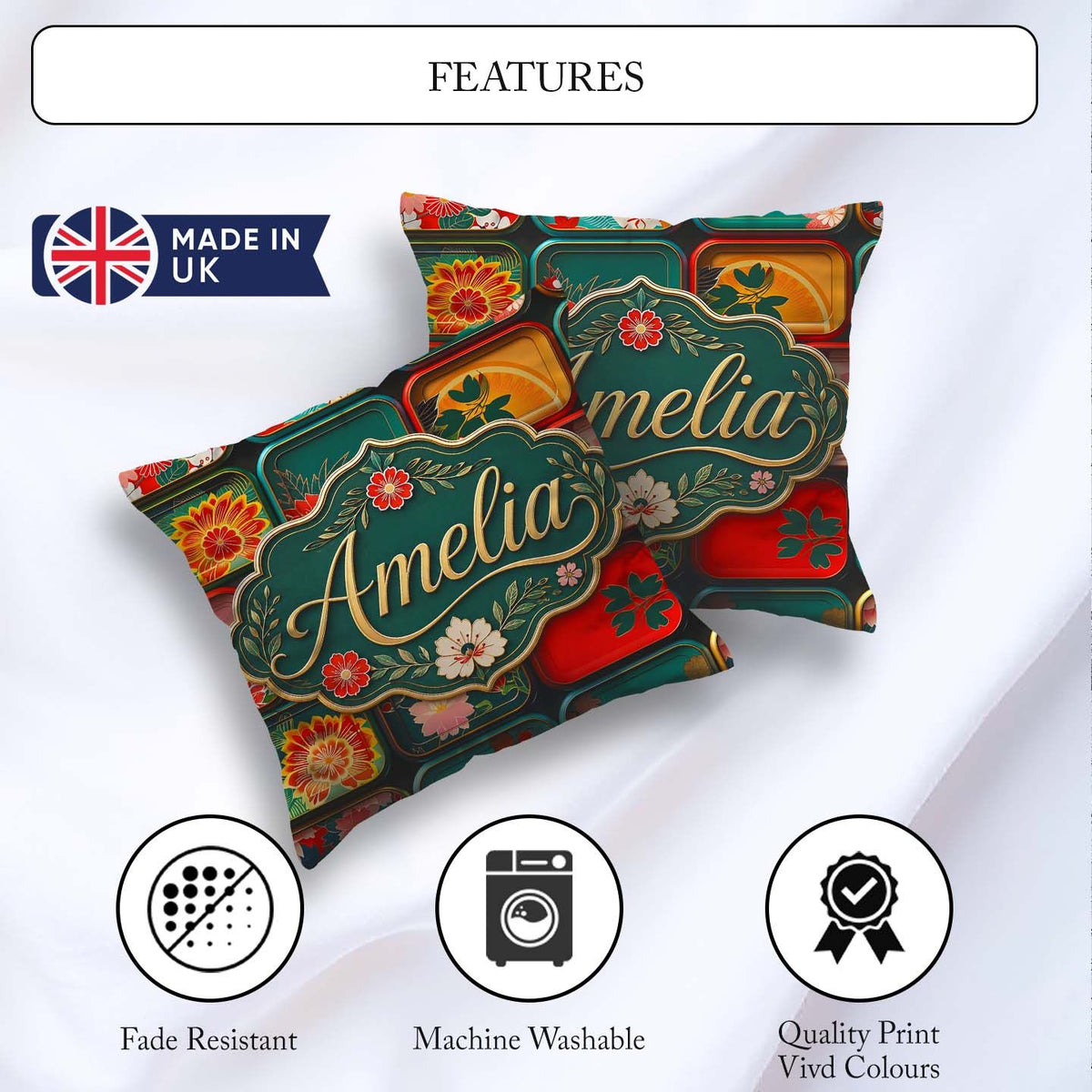 Custom Name Japanese Floral Bento Box Pattern Vibrant Decorative Square Filled Cushion Throw Pillow Sofa Bed Home Decor Zip Washable UK Made
