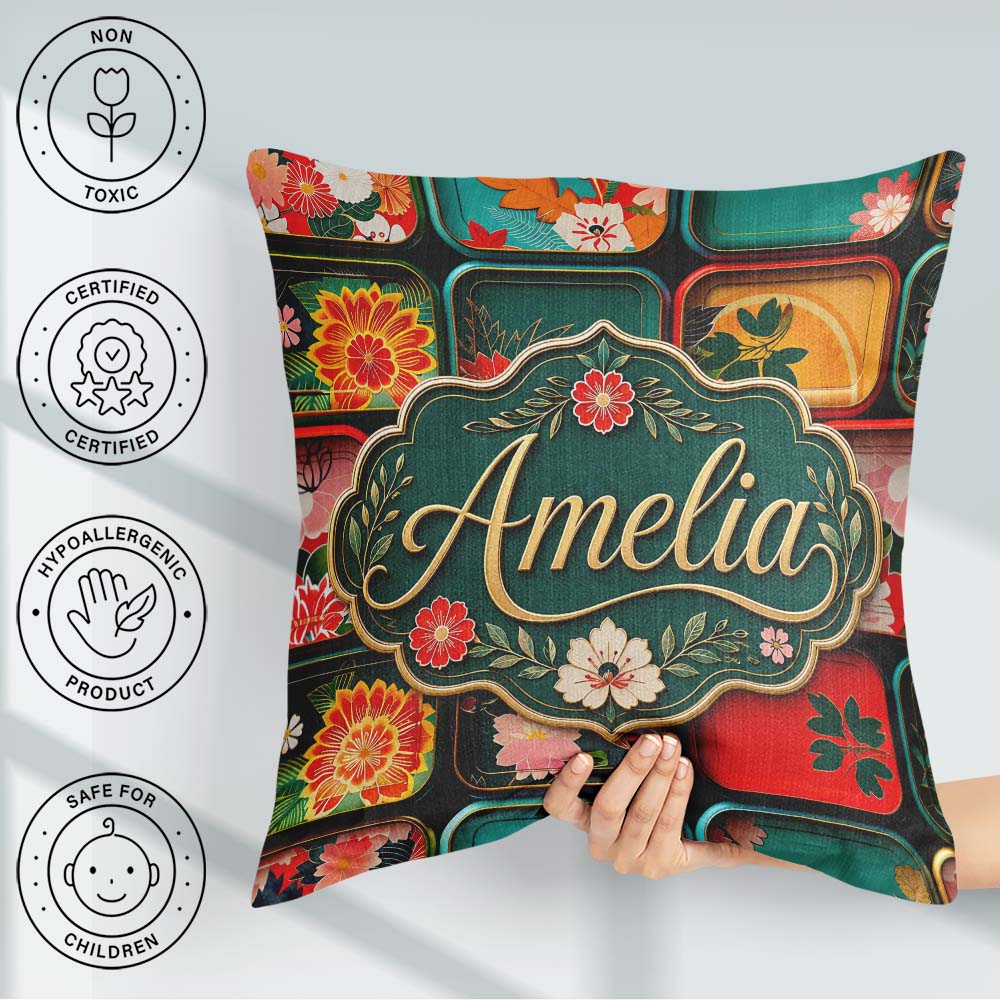 Custom Name Japanese Floral Bento Box Pattern Vibrant Decorative Square Filled Cushion Throw Pillow Sofa Bed Home Decor Zip Washable UK Made