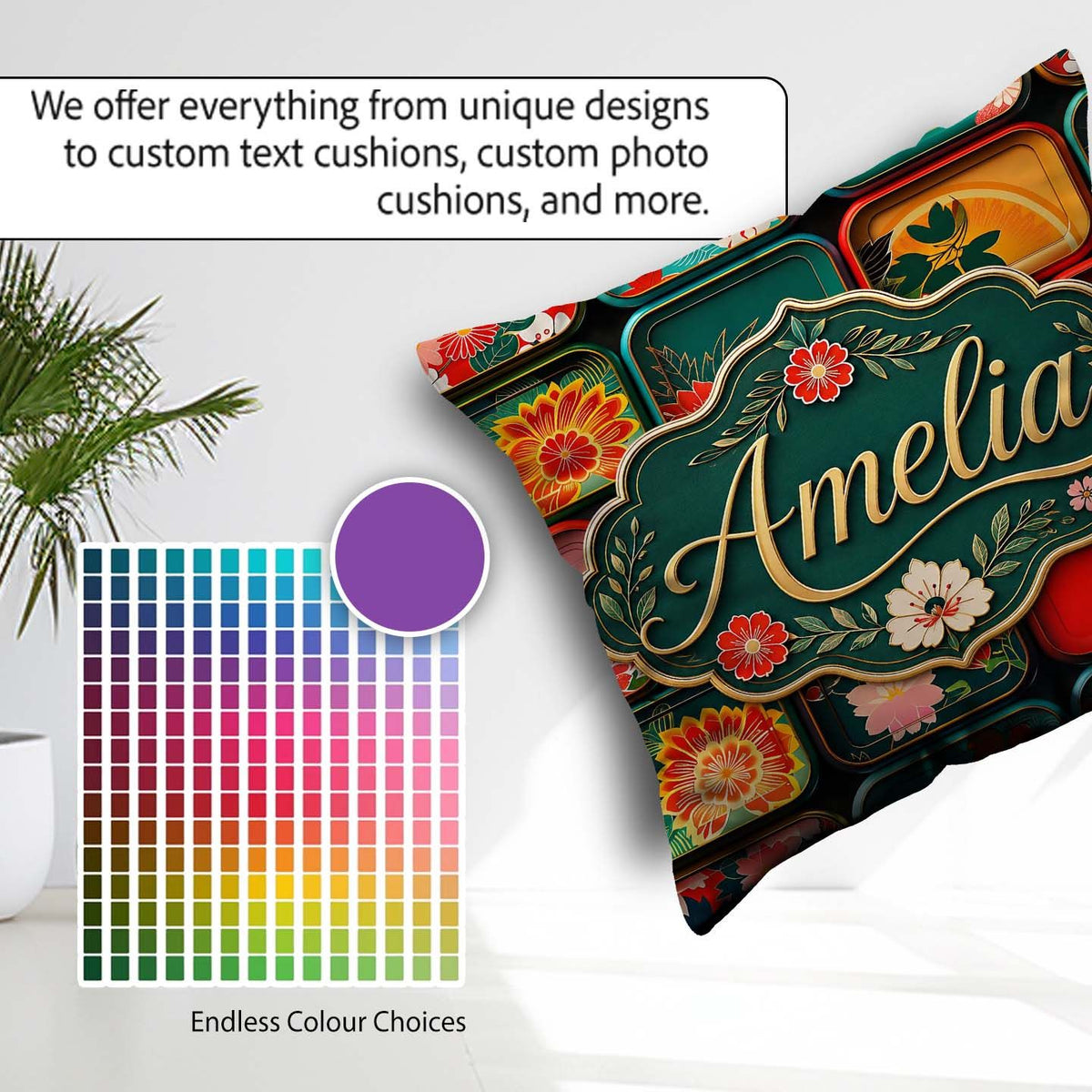 Custom Name Japanese Floral Bento Box Pattern Vibrant Decorative Square Filled Cushion Throw Pillow Sofa Bed Home Decor Zip Washable UK Made