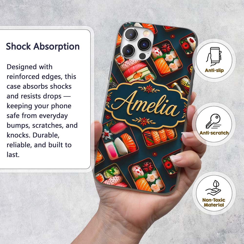 Assorted Sushi Bento Boxes with Fresh Ingredients Custom Name Protective Phone Case Mobile Cover Durable Everyday Smartphone Shock Resistant