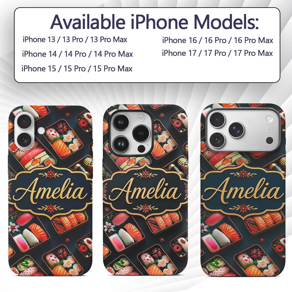 Assorted Sushi Bento Boxes with Fresh Ingredients Custom Name Protective Phone Case Mobile Cover Durable Everyday Smartphone Shock Resistant