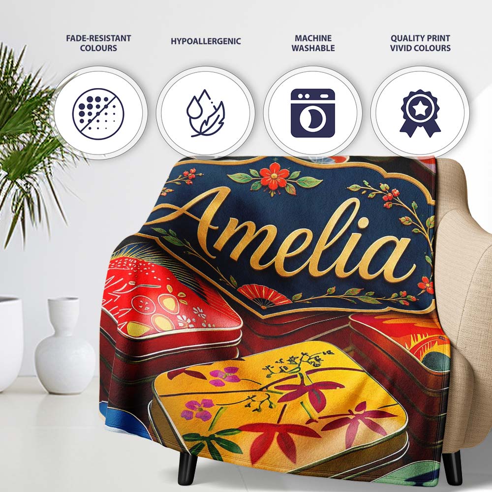 Decorative Japanese Bento Box Lids with Floral and Wave Patterns Personalised Custom Name Super Soft Fleece Blanket Bed Sofa Throw