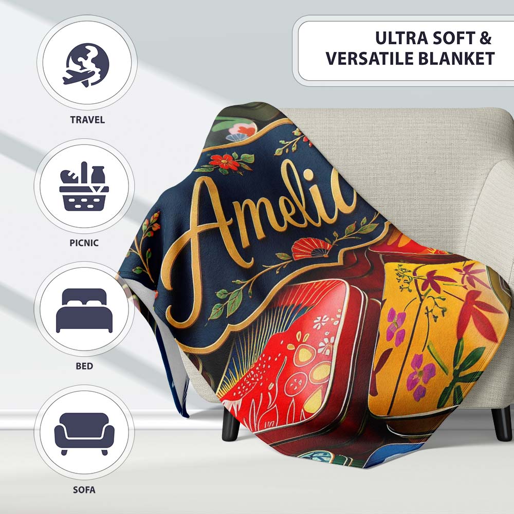 Decorative Japanese Bento Box Lids with Floral and Wave Patterns Personalised Custom Name Super Soft Fleece Blanket Bed Sofa Throw