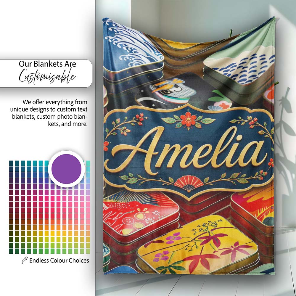 Decorative Japanese Bento Box Lids with Floral and Wave Patterns Personalised Custom Name Super Soft Fleece Blanket Bed Sofa Throw