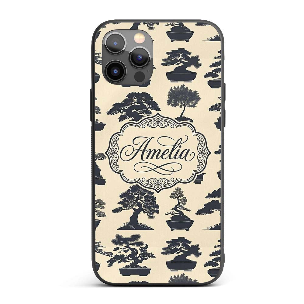 Japanese Bonsai Tree Silhouettes in Pots on Beige Custom Name Protective Phone Case Mobile Cover Durable Everyday Smartphone Shock Resistant
