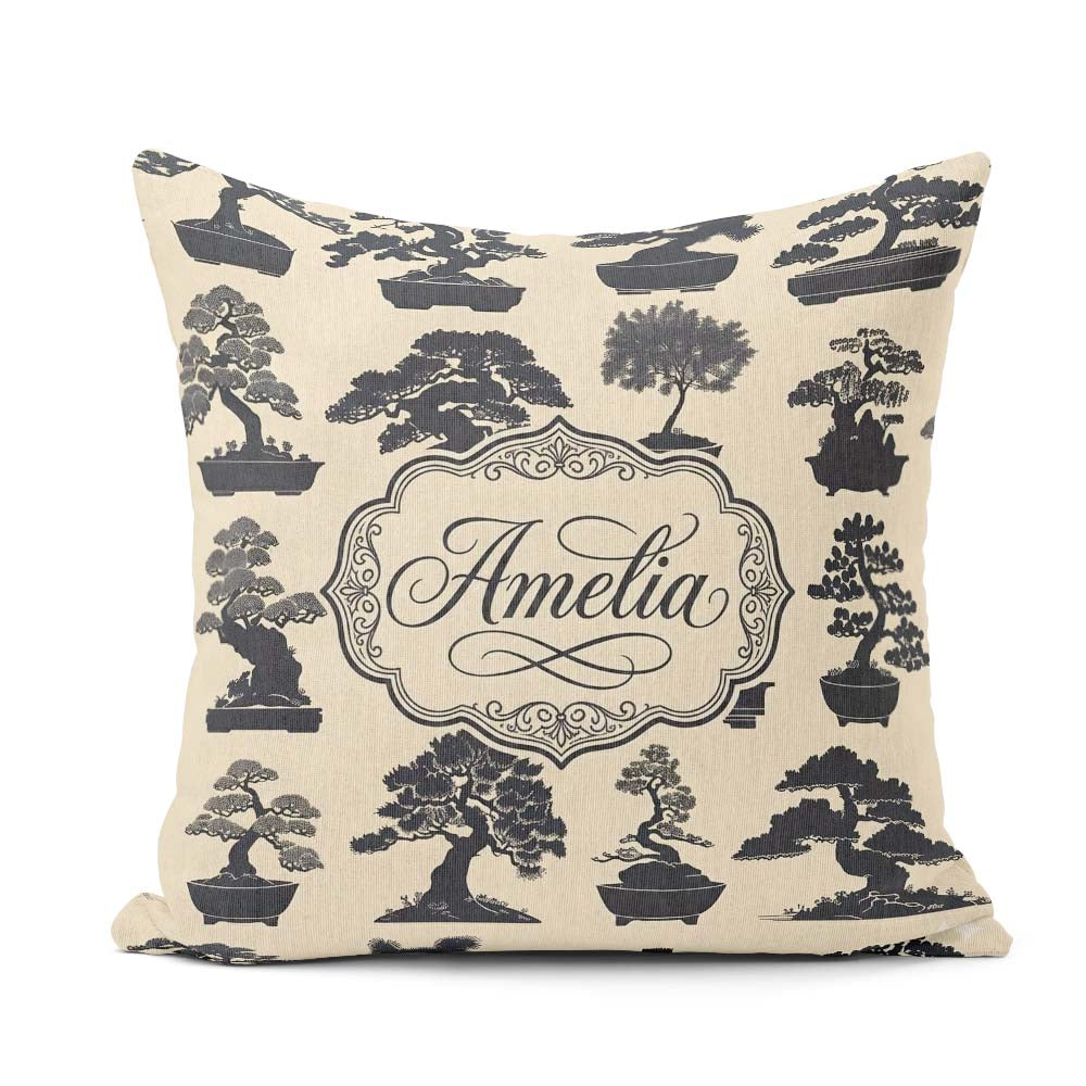 Custom Name Bonsai Tree Silhouettes in Pots on Beige Background Square Filled Cushion Throw Pillow Sofa Bed Home Decor Zip Washable UK Made